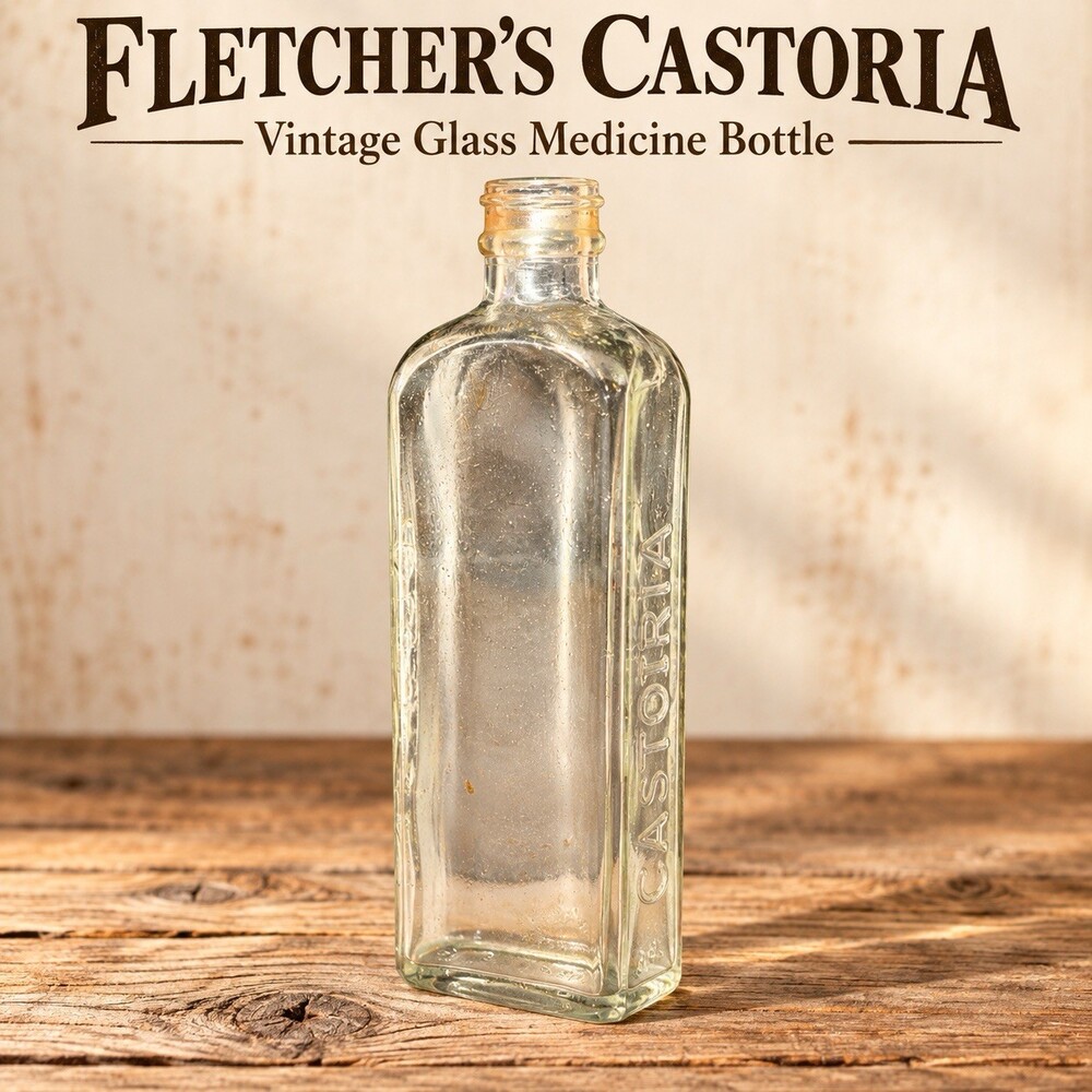 Vintage Chas H Fletcher Castoria Glass Medicine Bottle 7” Embossed Pierce